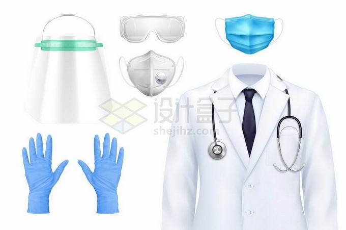 透明面罩n95口罩护目镜手套一次性口罩和白色医生服91